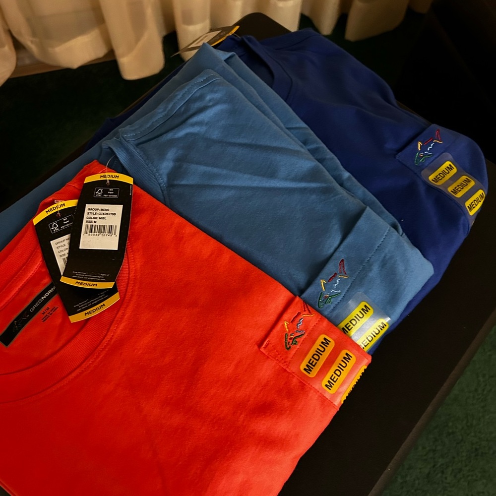 Greg Norman Shark Pocket T-Shirts. Peach. Light blue. Dark Blue. Medium. NWT.